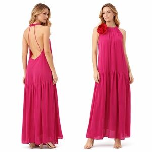 Farm Rio Fuchsia Halter Maxi Dress Open Back Floral Detail Tiered Summer Evening
